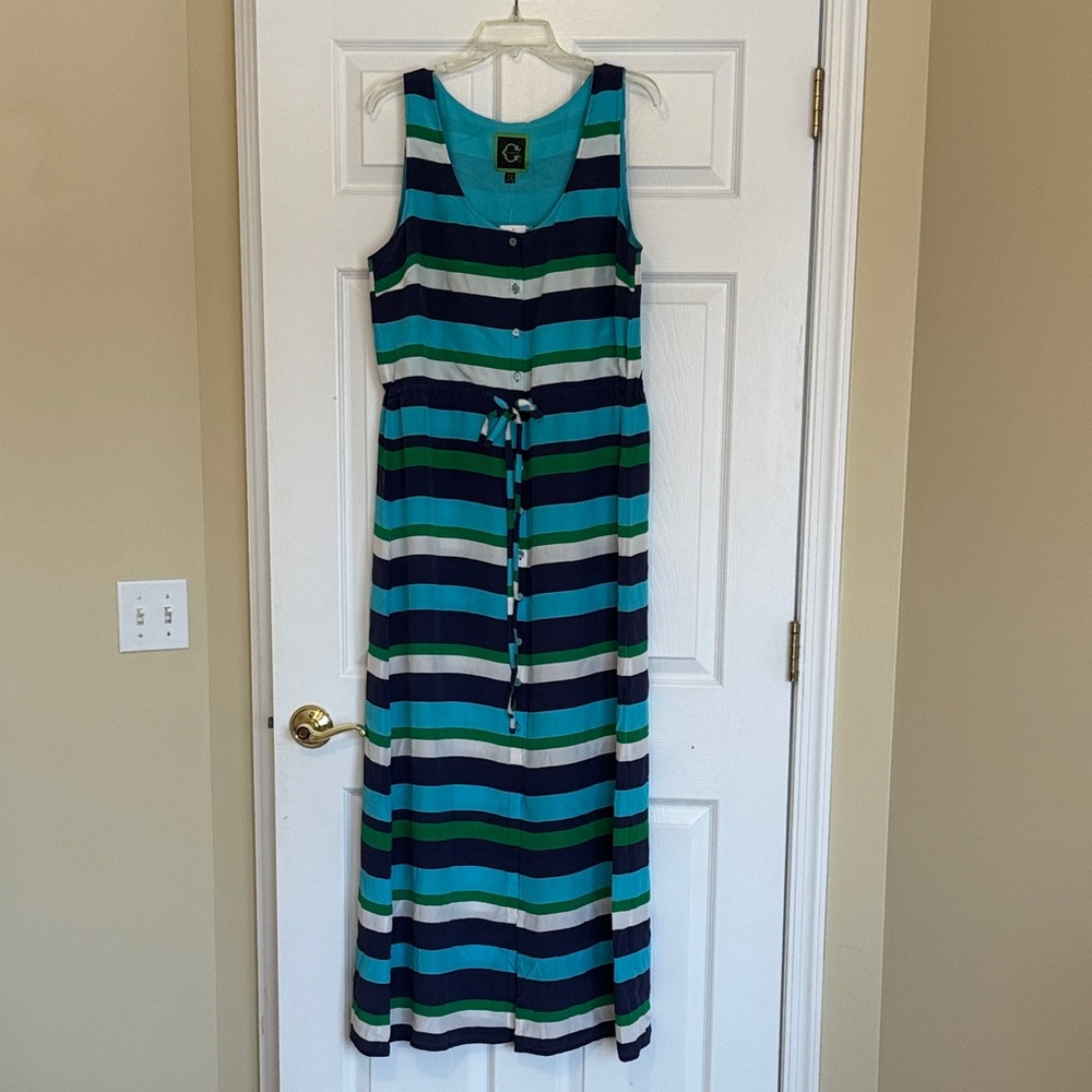 Striped Sleeveless Maxi Dress Silk Party Spring Summer Pattern Flowy Blue Green